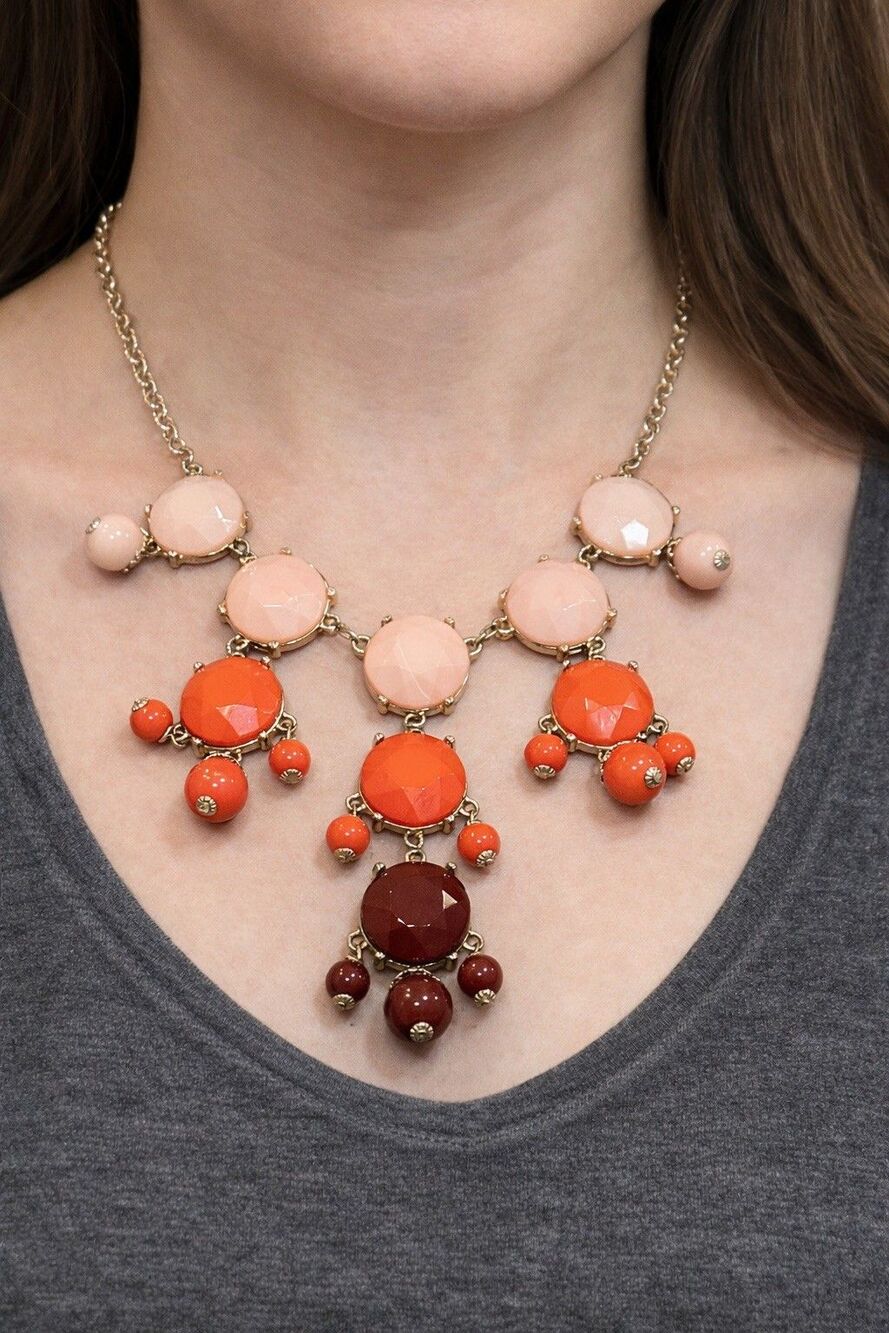 Vintage Shades of Coral Orange Beaded Necklace Gold Tone Chain Rare Summer Look!